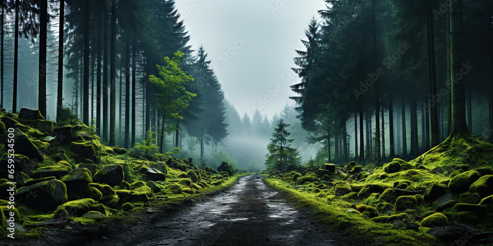 Misty road in fir forest. Minimalistic scenery. Generative AI