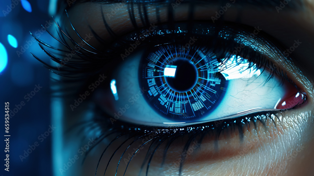 Female android robot eye close up. Digital iris of cyber woman. Bionic technology concept. Generative AI