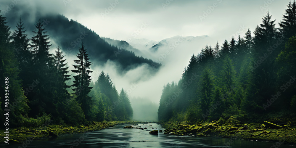 Misty mountain landscape with fir forest and river in vintage retro style. Generative AI