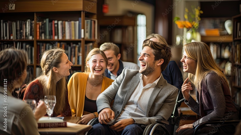 young man in a wheelchair surrounded by friends in the library