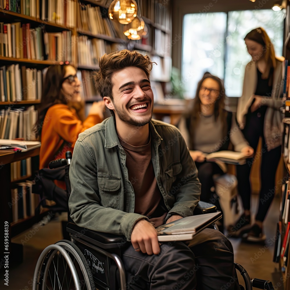 young man in a wheelchair surrounded by friends in the library