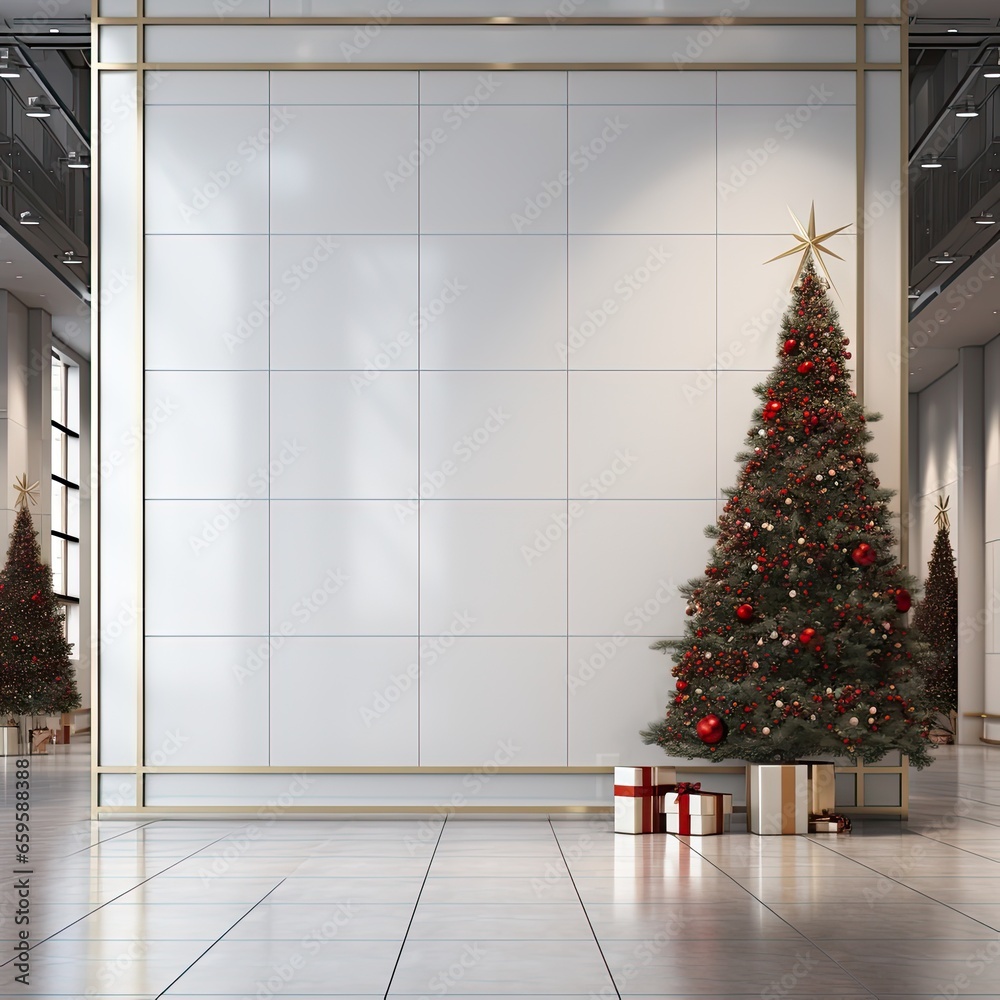 Decorated bright Christmas tree large in a shopping center