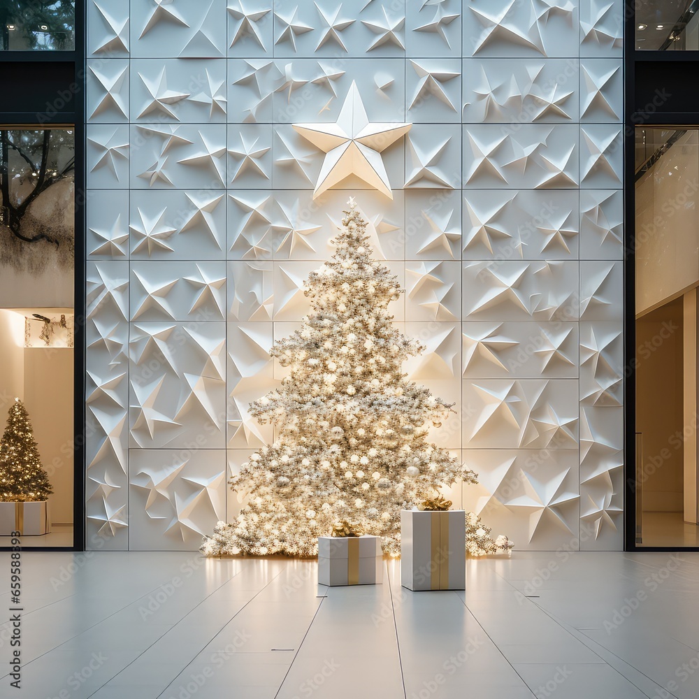 Decorated bright Christmas tree large in a shopping center