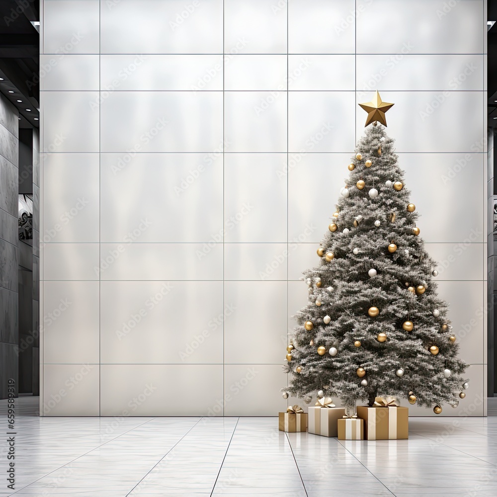 Decorated bright Christmas tree large in a shopping center