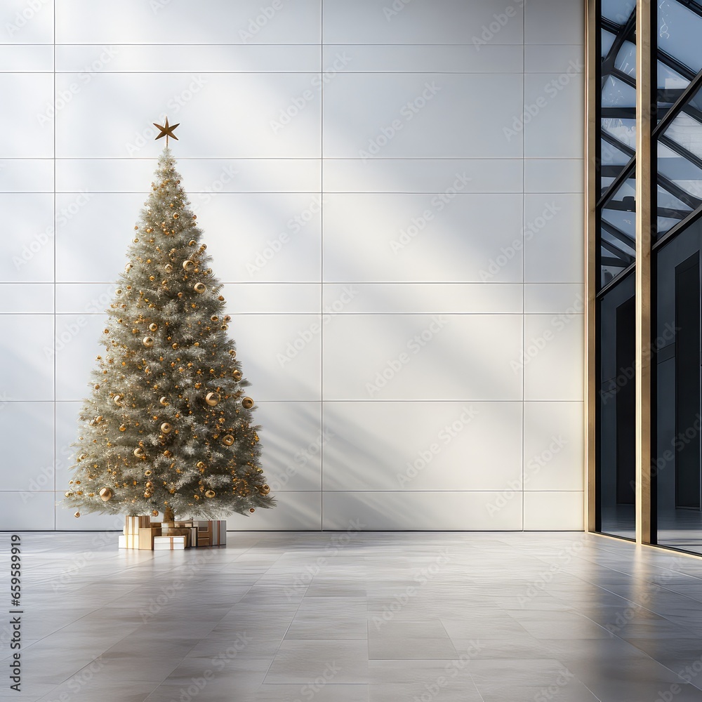 Decorated bright Christmas tree large in a shopping center