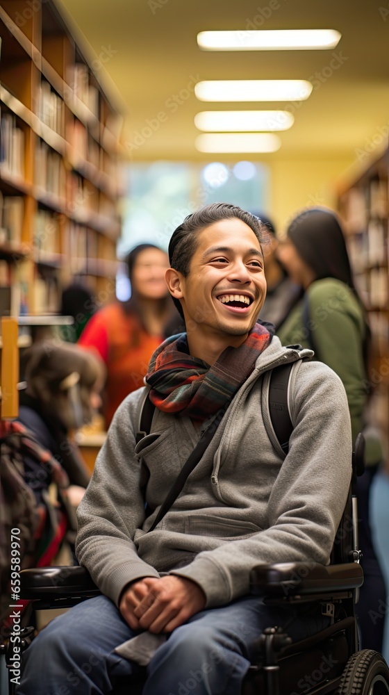 young man in a wheelchair surrounded by friends in the library