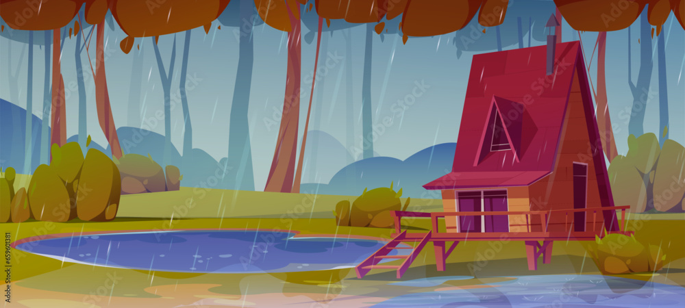 Wooden stilt house in rainy autumn forest. Vector cartoon illustration of small hut on platform with porch, chimney on roof, windows, lake and water puddles, yellow foliage on trees, stormy weather