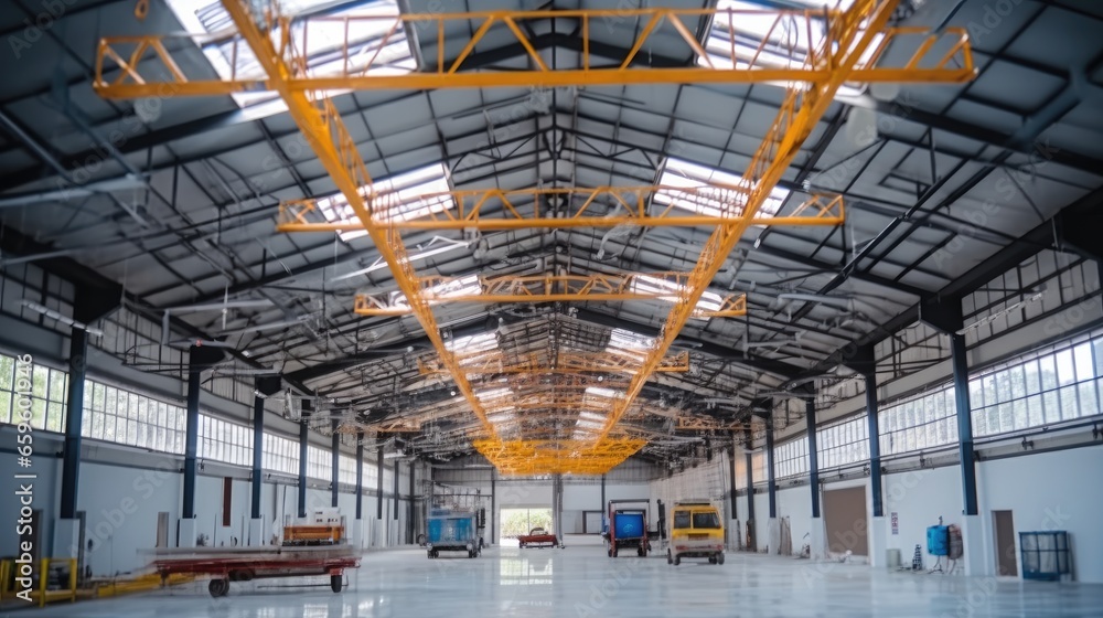 Steel roof frame under construction of a big industrial building or factory.