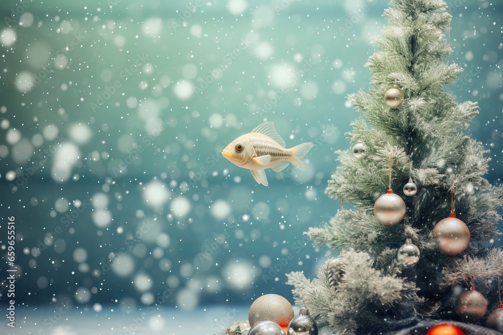 A solitary goldfish swims amidst a snowy backdrop, with a festively decorated Christmas tree in sight.