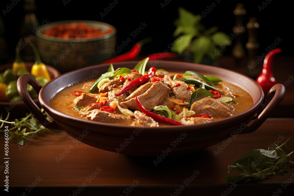 A close-up shot of a steaming bowl of Panang Curry, highlighting the rich colors of the curry sauce, tender meat or vegetables, and aromatic spices