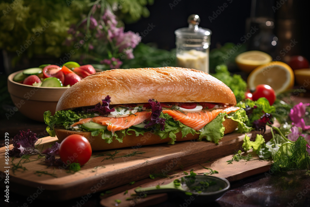 Traditional preppy lunch made at home. baguette stuffed with fresh vegetables and fish