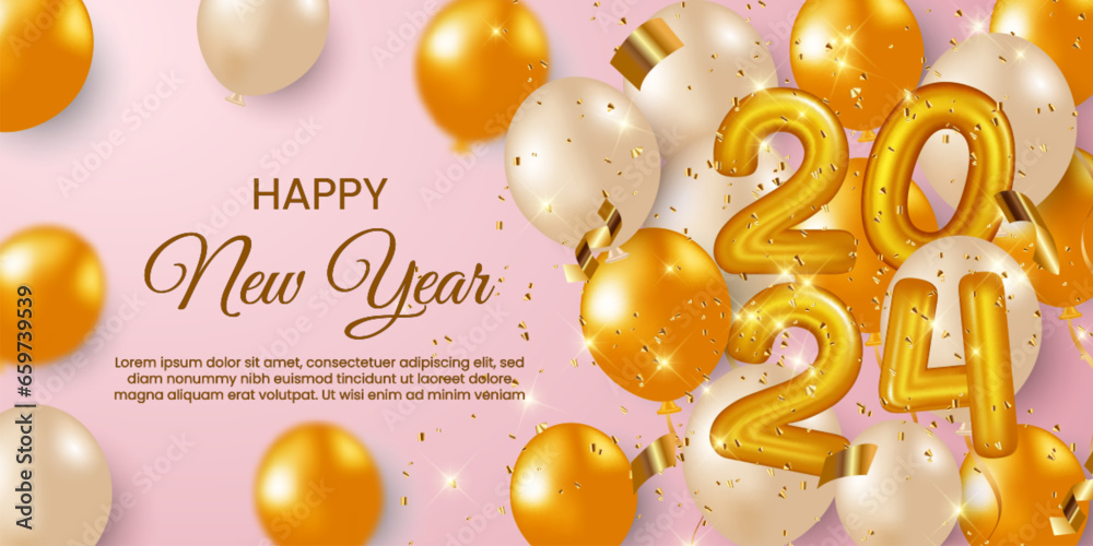 Happy new year 2024 golden text with balloons vector illustration. New year party background wallpaper