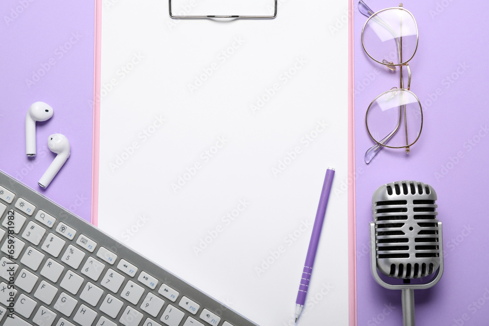 Clipboard with earphones, microphone, eyeglasses and computer keyboard on lilac background