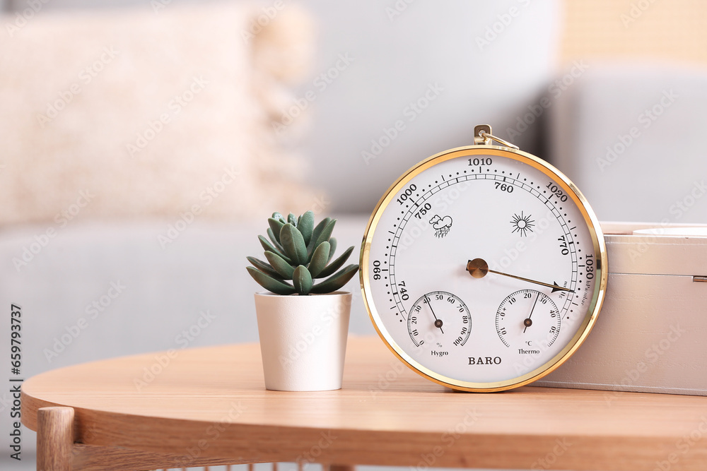 Aneroid barometer and small houseplant on table in room, closeup