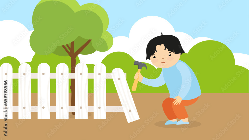 Boy playing with a shovel in the garden. Flat design vector illustration.