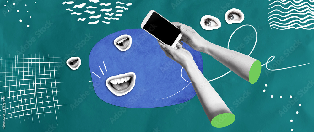 Person using a smartphone with eyes and mouth - Photo collage design