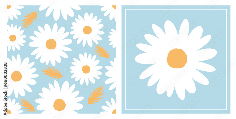 Seamless pattern with daisy flower and yellow leaf on blue background. Daisy icon vector illustration.