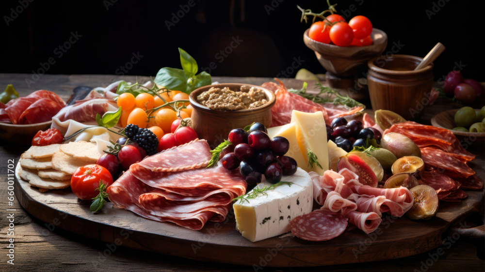 Antipasto platter with ham, prosciutto, salami, cheese and olives