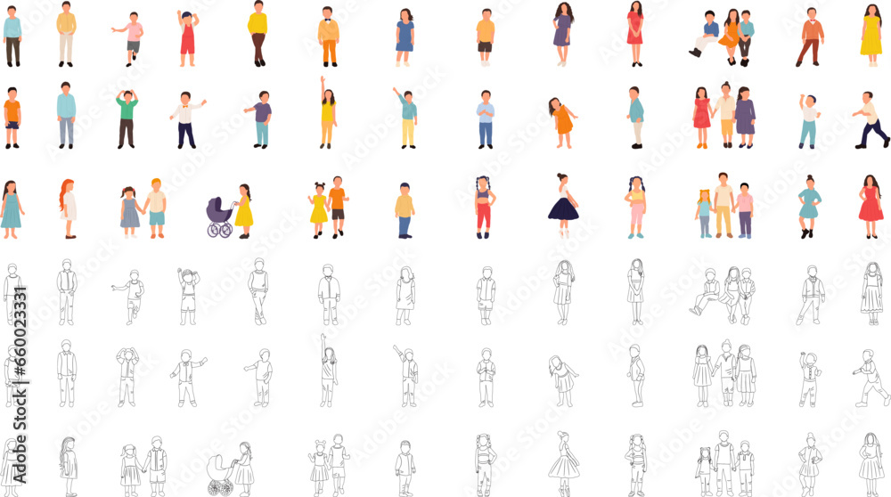 set of children in flat style, on white background, vector