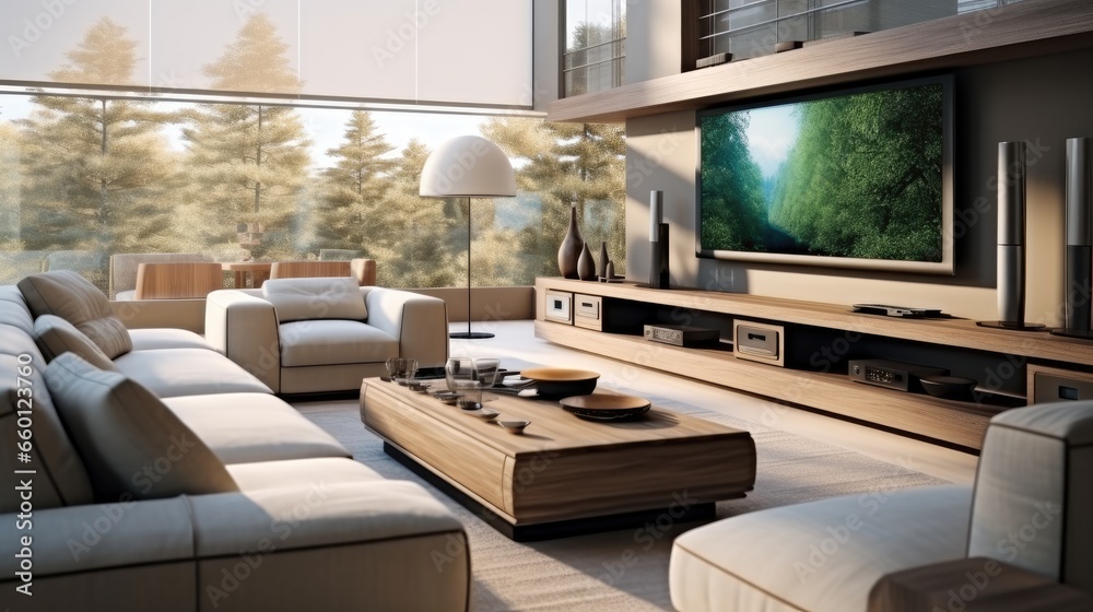 A contemporary living room exudes a tech-forward ambiance.