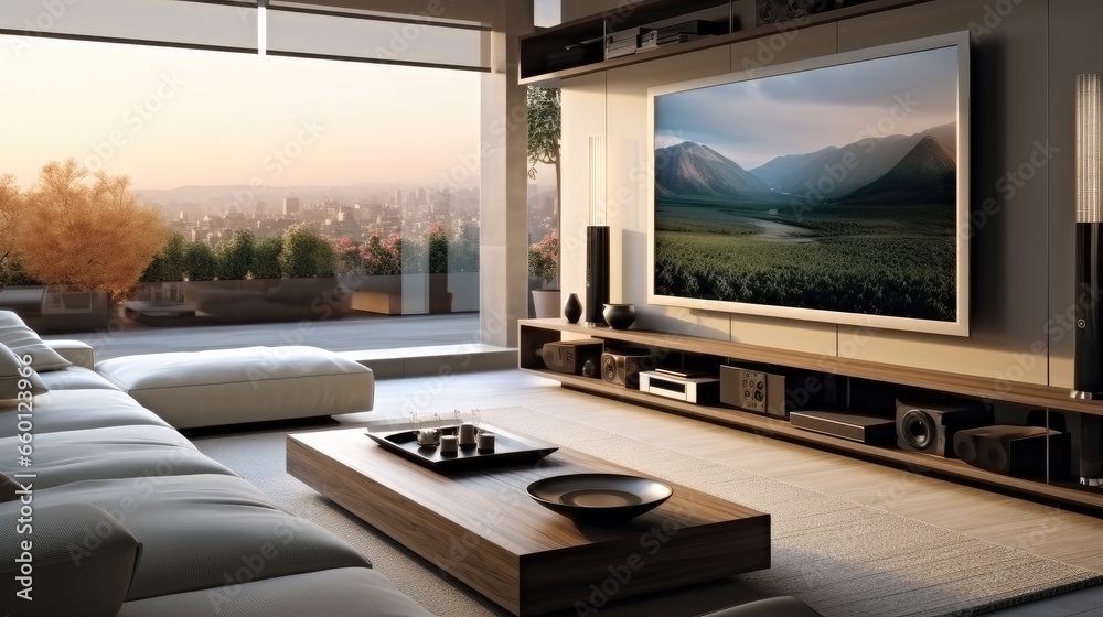 A contemporary living room exudes a tech-forward ambiance.