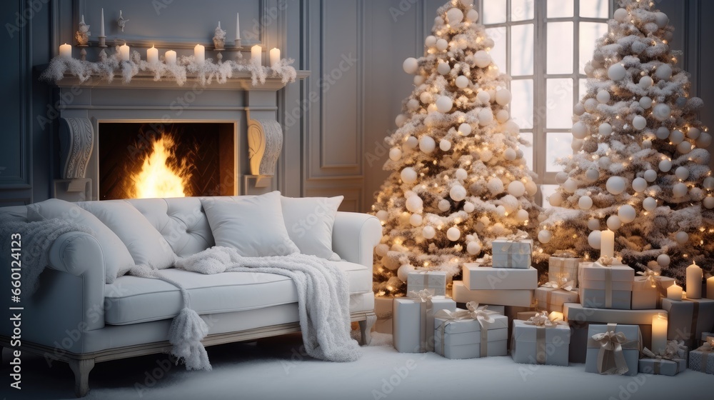 A cozy living room transformed into a winter with a decorated tree and presents on the fireplace.