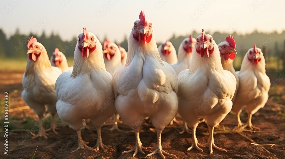 Group of chickens standing in field.