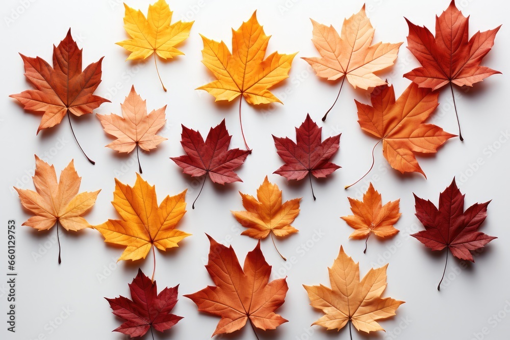 Autumnal leaves on white background.