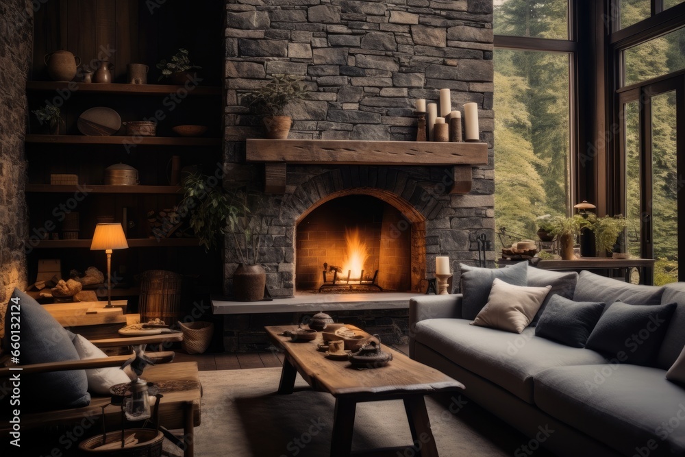 Beautiful stone home interior living room, Cozy.