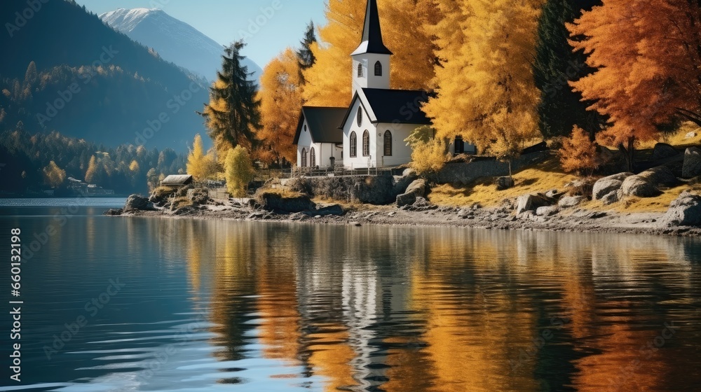 Beautiful Church reflecting in calm lake waters in autumn.