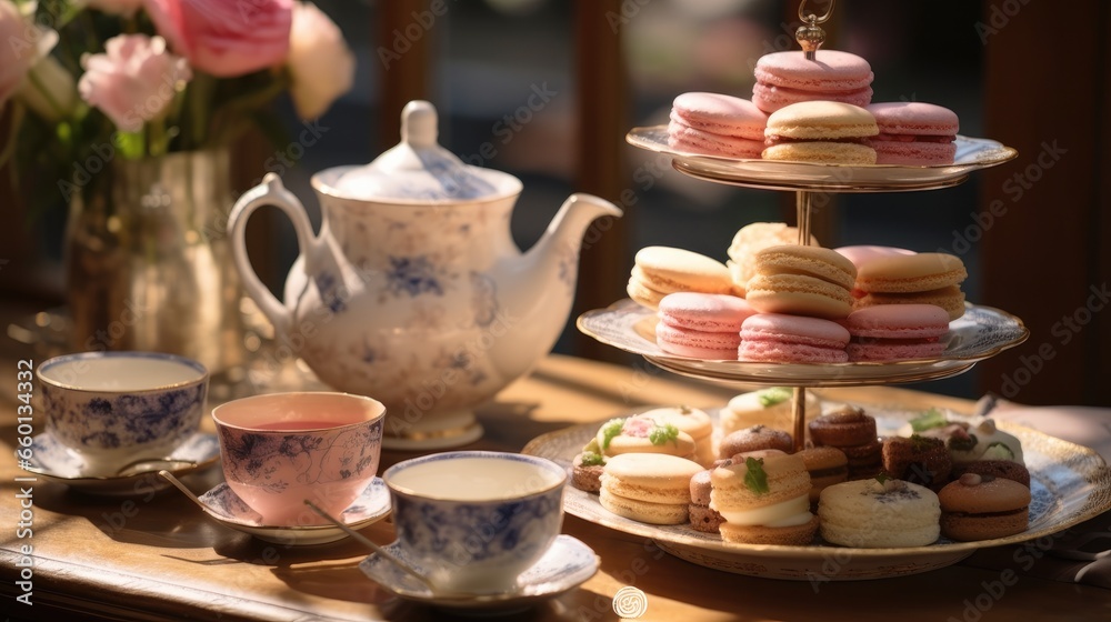 British Afternoon High Tea with a three-tiered platter of scones, cakes and sandwiches.