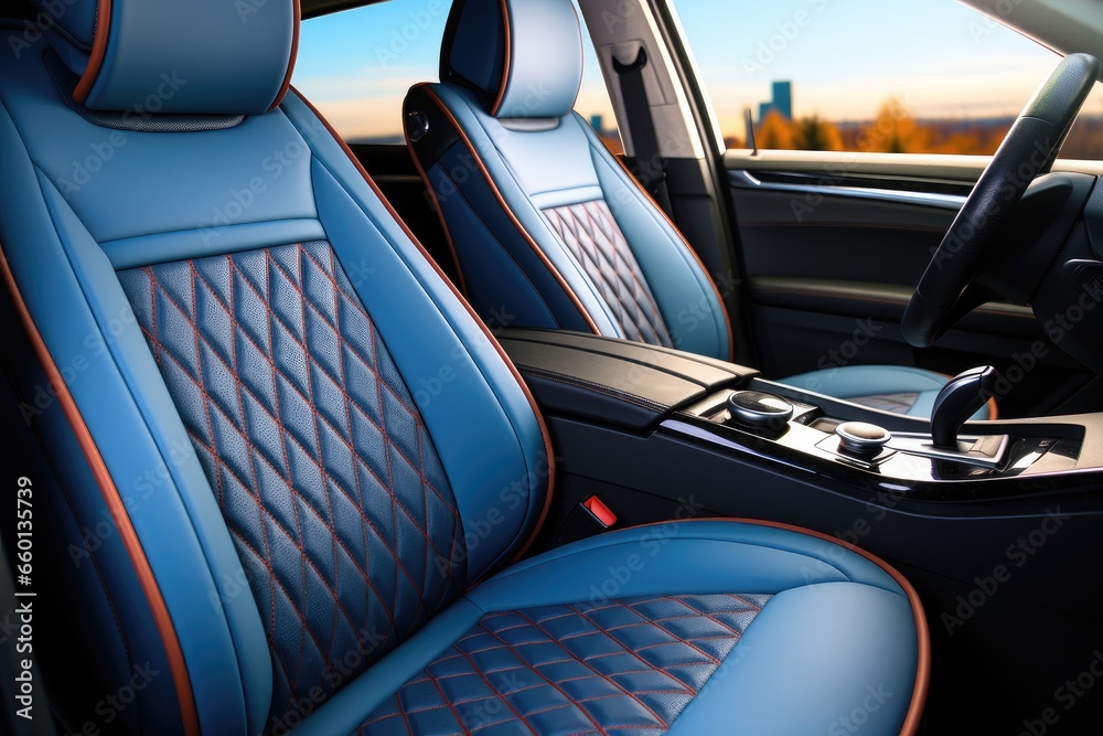 Luxury seats in car, Color is dark blue.