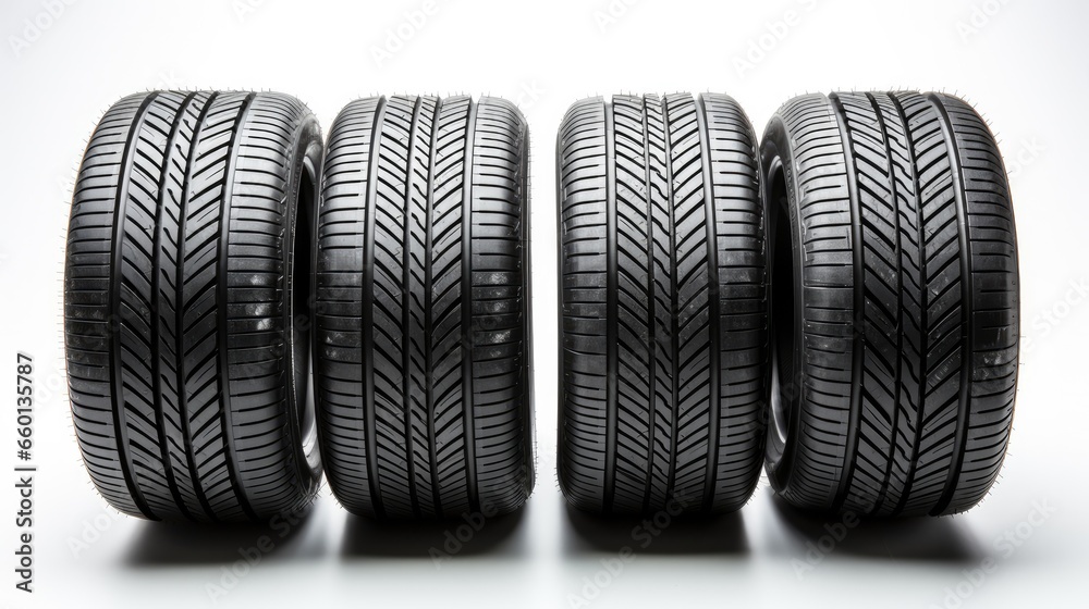 Car tires in a row isolated on white background.