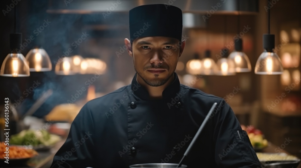 Chef in black cook suit cooking in a restaurant kitchen.