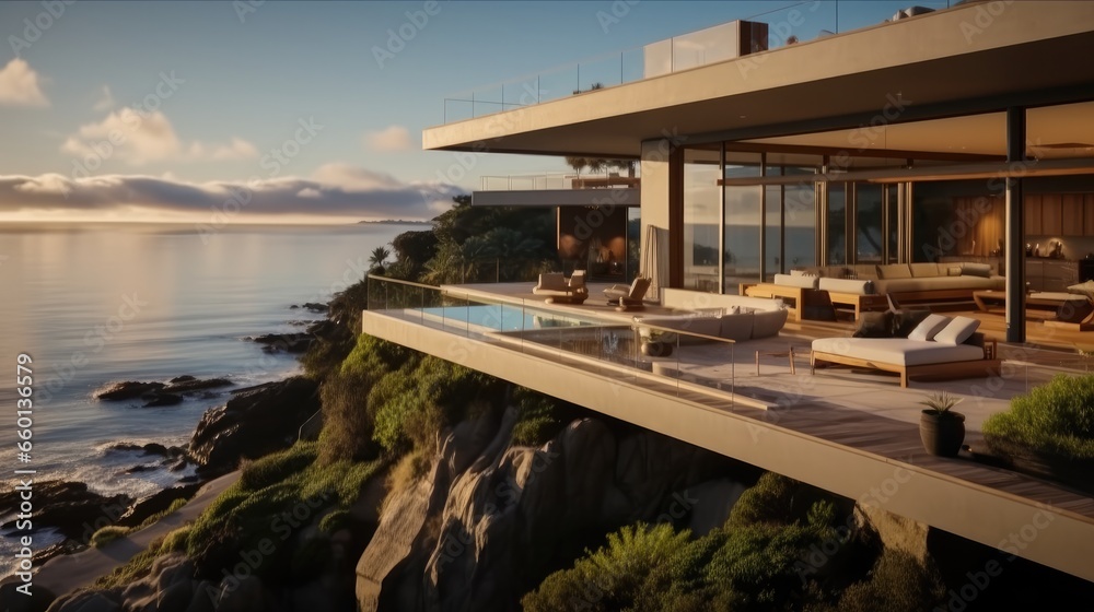 A modern cliffside villa and infinity pool with cantilevered architecture.