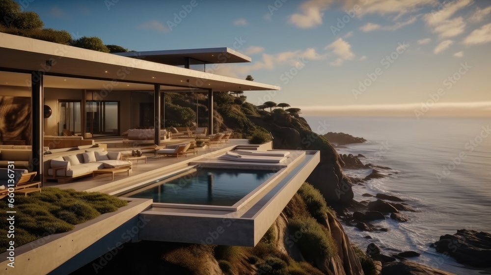 A modern cliffside villa and infinity pool with cantilevered architecture.