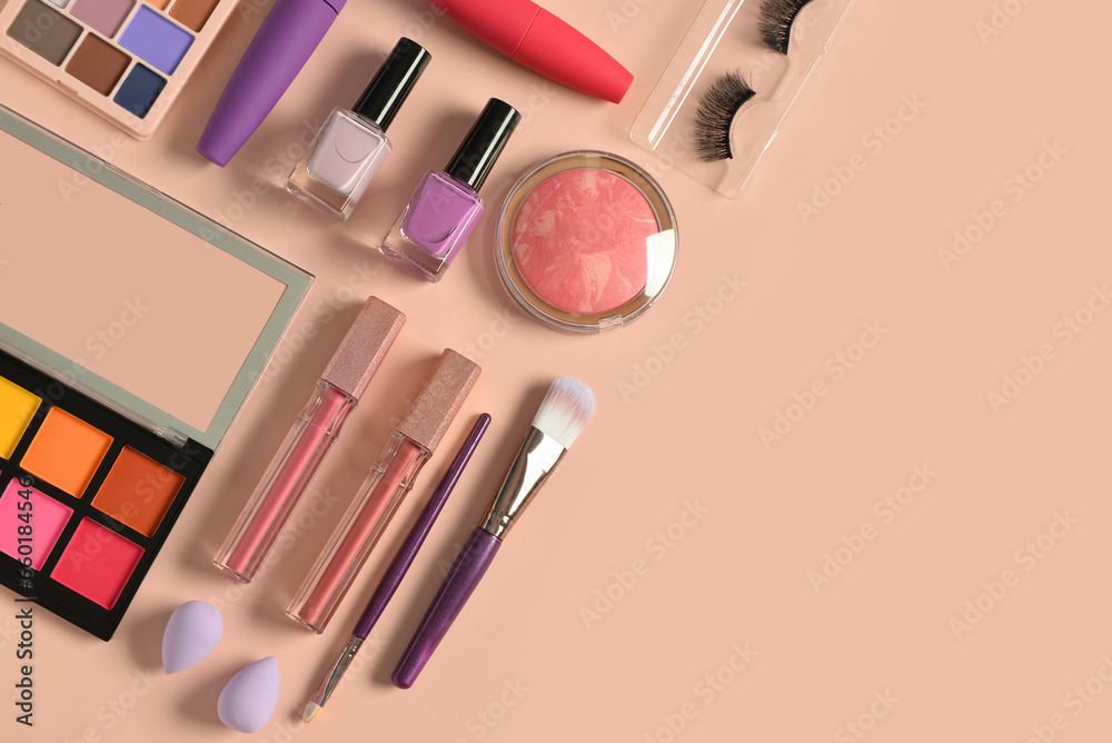 Different decorative cosmetics on pink background