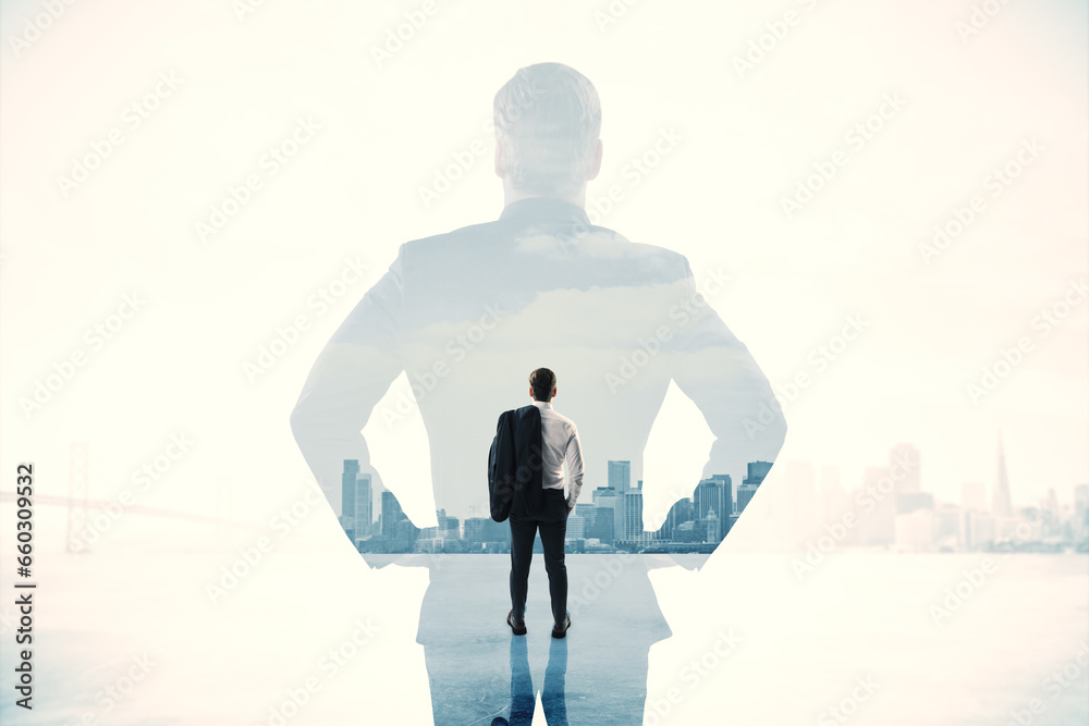 Back view of young man standing on white bright city background with mock up place. Future, success and career concept. Double exposure.