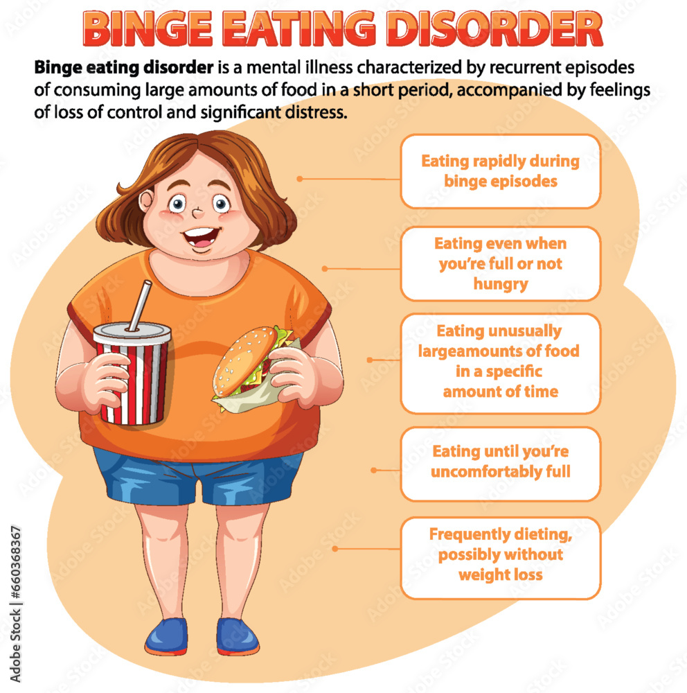 Unhealthy Fat Female Cartoon with Binge Eating Disorder