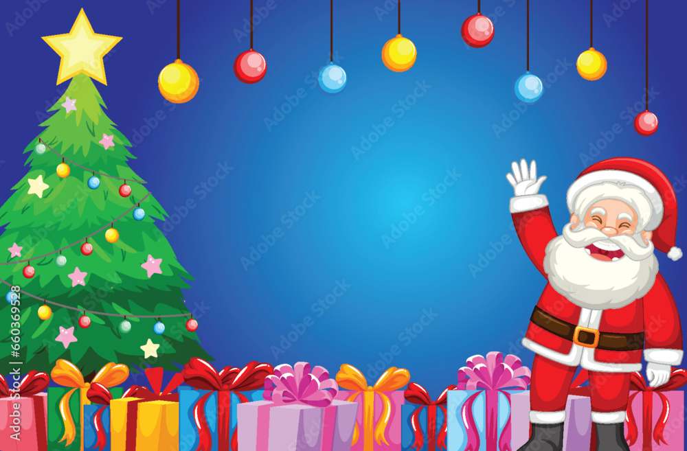 Cheerful Santa Claus Surrounded by Gifts and Snowman