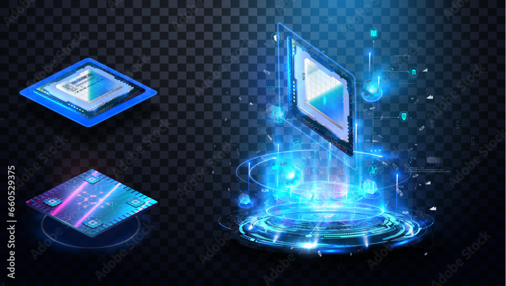 Central Computer Processors CPU concept. Workflow of modern powerful processor. Projection of a futuristic microchip on transparent background.  Presentation processor with hosting. Vector illustraton