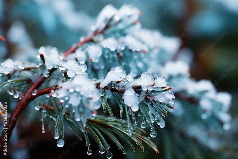 Sprigs of pine needles draped with sparkling dewdrops, creating a mesmerizing display of natures jewelry