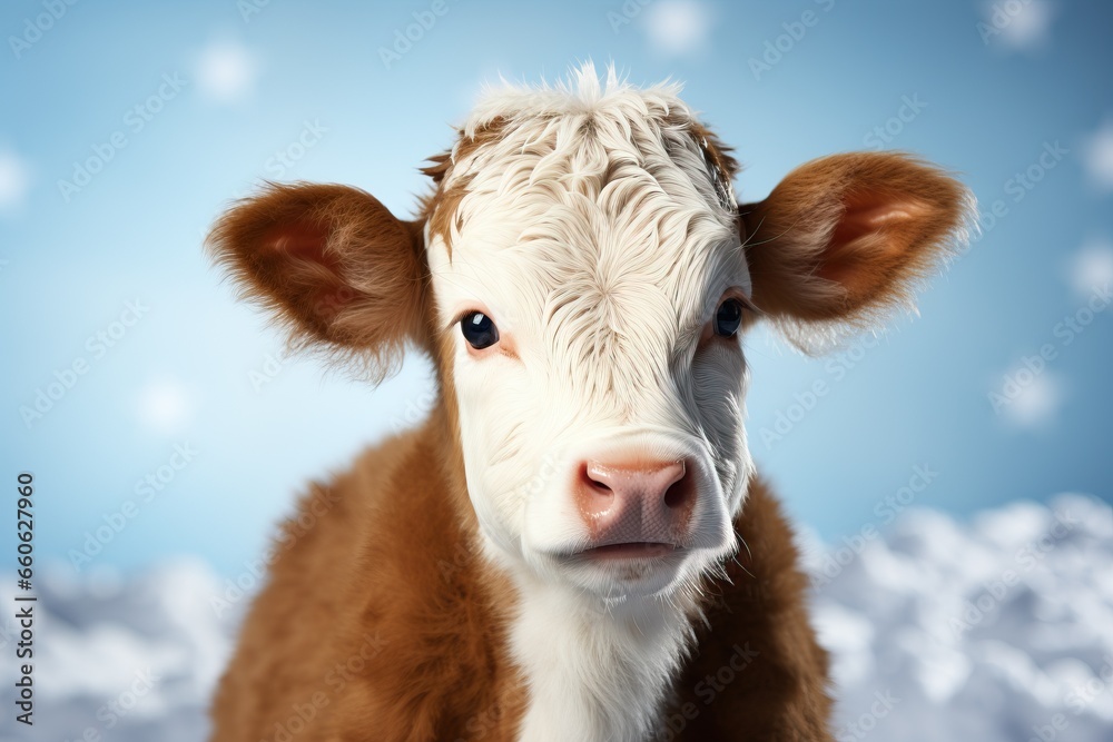 A full-faced view of a calf, its eyes revealing pure innocence, stands against a backdrop of snow