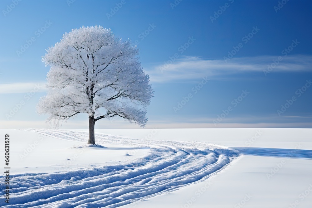 Solitary tree stands cloaked in frost against a vast snowy expanse under a clear sky