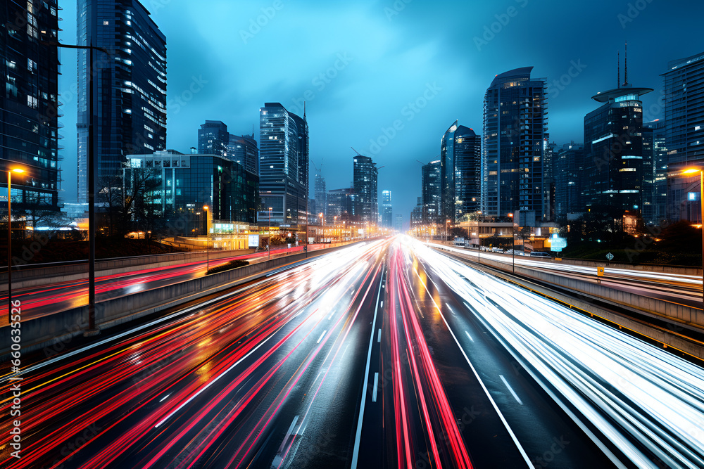 Cars light trails at night in a curve asphalt road at night in modern urban city, long exposure image	 