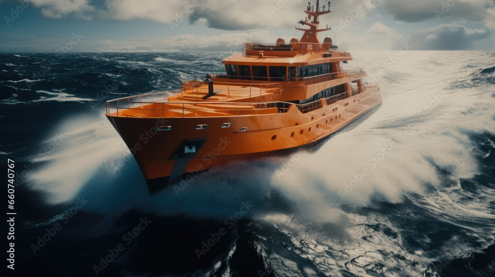 A huge orange boat navigating rough water.