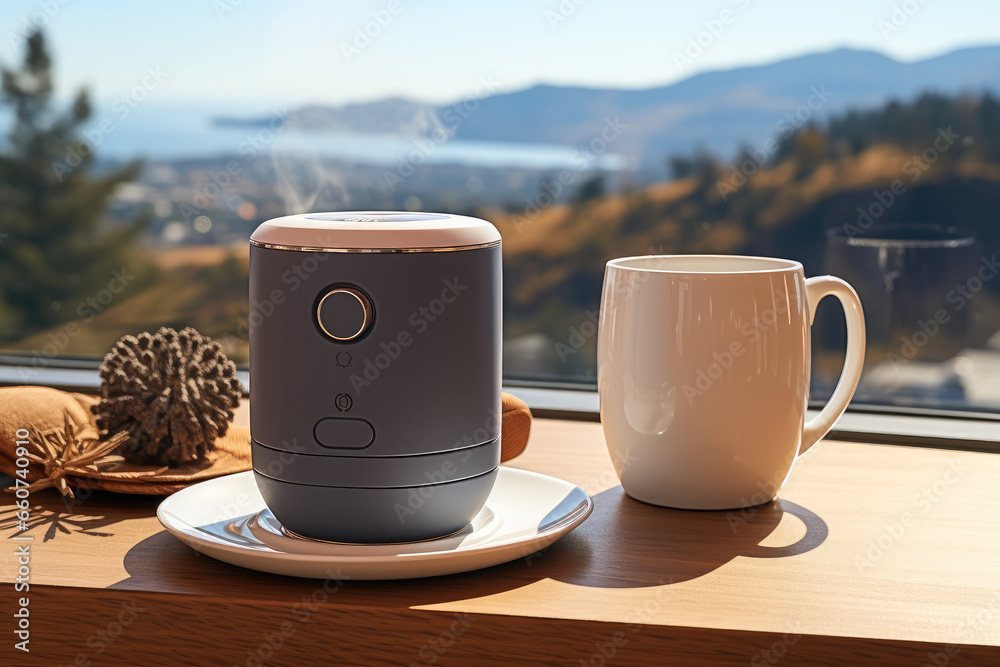 A speakers and a cup of mugs on a picnic table.