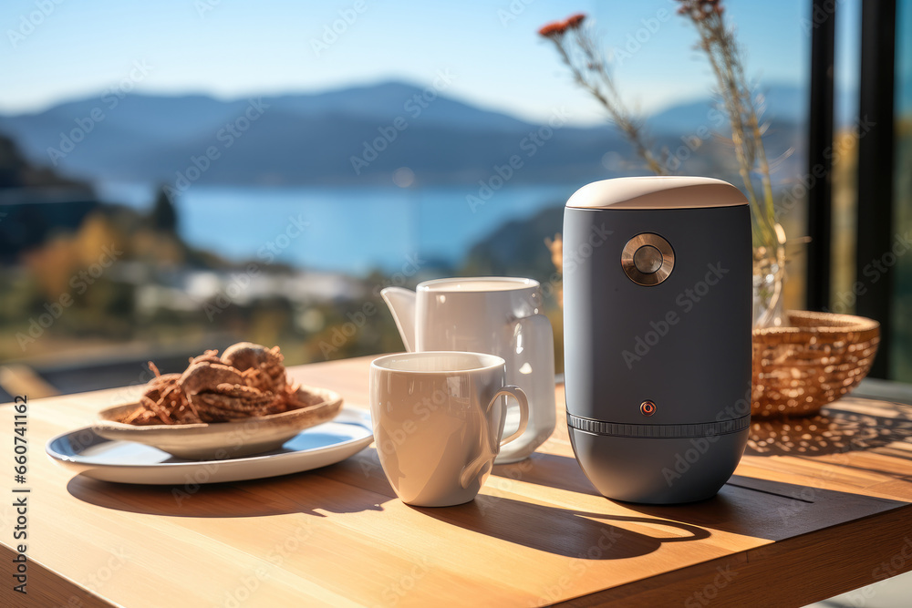 A speakers and a cup of mugs on a picnic table.