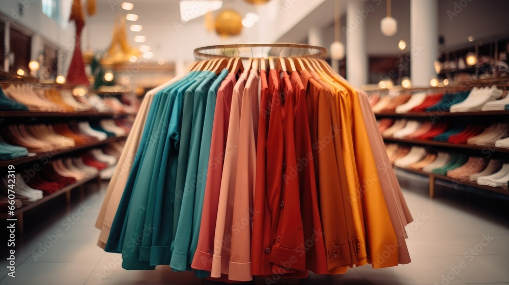 Clothing store, Shelves of clothes in department store.