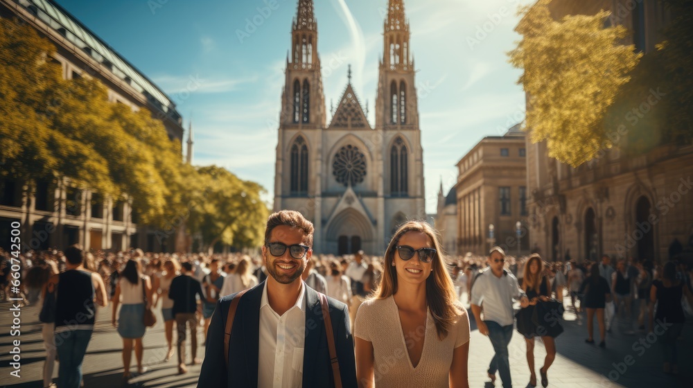 Couple tourists admiring the architecture and history of a centuries-old cathedral in a European city.